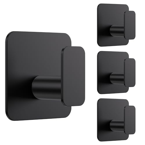 Aikzik Large Self Adhesive Hooks 4 Pack Over 10kg Load - Stick on Hooks Heavy Duty Stainless Steel Strong Sticky for Hanging Towel Coat Robe Tea Towel Holder for Door or on Wall - Black