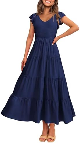 PRETTYGARDEN Women's Summer Flowy Maxi Dress Casual Cap Sleeve V Neck Smocked Beach Sundress