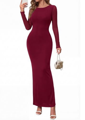 PRETTYGARDEN Women's Mesh Long Sleeve Bodycon Maxi Dress,Burgundy,XL — view 2