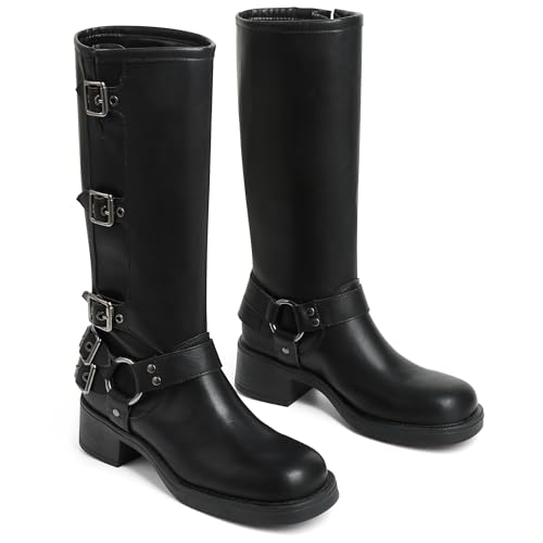 Image of AMINUGAL Knee High Boots Women Square Toe Pull On Wide Calf Riding Fashion Buckles Chunky Metallic Casual Vintage Buckle Rivet