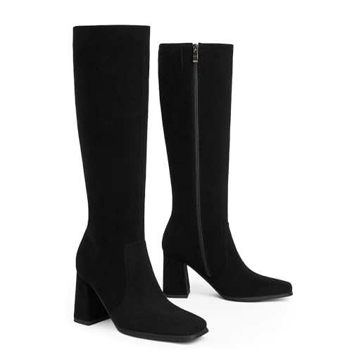 Image of Modatope Knee High Boots Women Chunky Heel Square Toe Fashion Tall Boots | Side Zipper pu Leather Tall Boots,Chunky Heel 70s Gogo Boots,Fashion Heeled Fall Winter Boots,Long Dressy Boots for Women