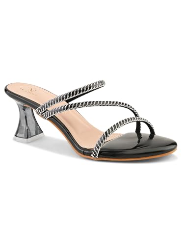 Image of XE Looks Heels for Women | Glossy Finish | Criss-Cross Silver Embellished Straps | Comfortable Block Heel Sandals for Girls