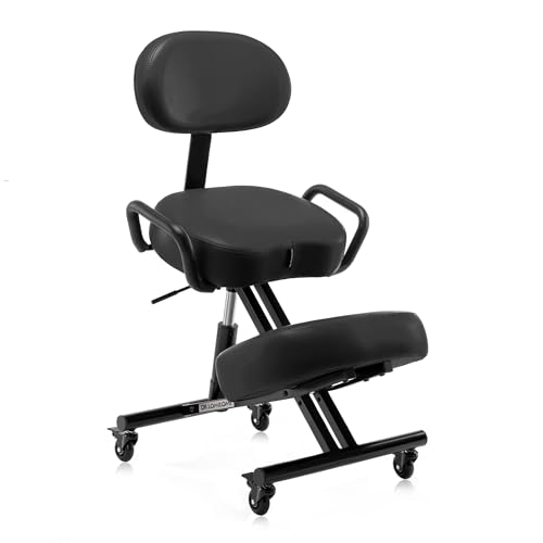 DR.LOMILOMI Ergonomic Kneeling Chair with Backrest, Improve Posture, Thick Cushions, Locking Wheels for Home & Office, AKONI 512 (with Back, Black)