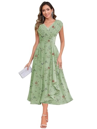 Image of BOLENSYE Petite Floral Dresses for Mother of The Bride Floral Green Tea Length Formal Mother of The Groom Dress US20W