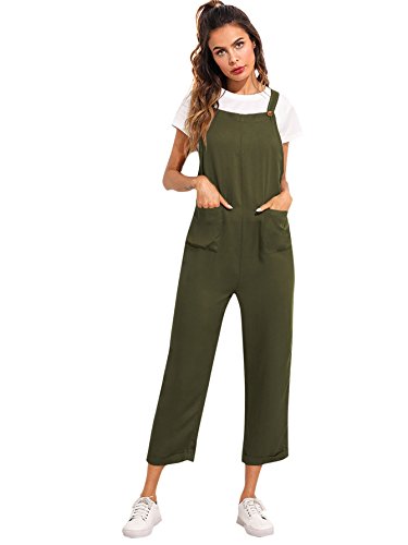 Verdusa Women's Sleeveless Straps Pockets Plaid Culotte Jumpsuit Overalls Olive S