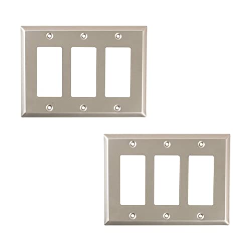 SLEEKLIGHTING Brushed Nickel Outlet Covers and Switch Plates-Decorative Wall Plate Light Switch Cover Flat -Variety of Styles: Decorator/Duplex/Toggle / & Combo-Size: 3 Gang Decorator(2Pack)