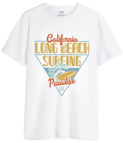 Republic Of California "Long Beach Surfing MEREPCZTS115 - Camiseta para Hombre, Color Blanco, Talla XL, Blanco, XL