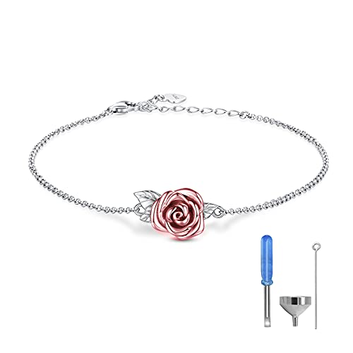 Rose Cremation Urn Jewelry for Ashes - 925 Sterling Silver Memorial Keepsake Ring Bracelet Necklace Gift for Women, Bereavement Gift for A Loss Of the Loved One