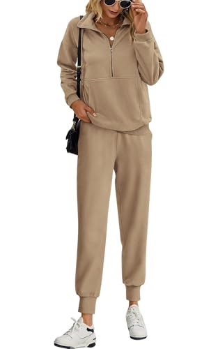 PRETTYGARDEN Long Sleeve Half Zip Sweatsuits Women 2 Piece Outfit Fall 2026 Casual Sweatshirt Sweatpants Lounge Set Tracksuit (Khaki, Medium)