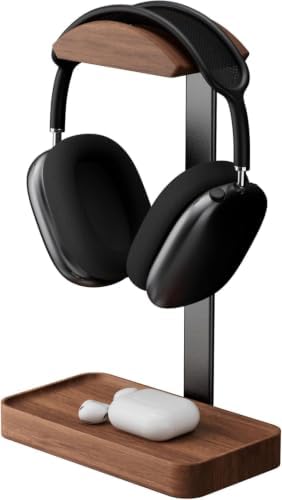 Walnut Headphone Stand with Storage Base,Wood Headset Holder Desk,G image 2