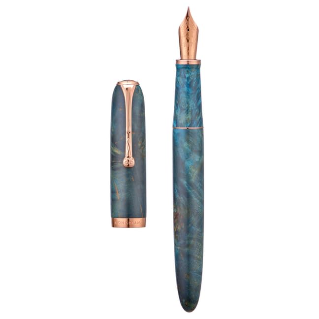 Hongdian A10 Stabilized Wood Fountain Pen, Extra Fine Nib Chinese Knot Carving Handcraft Pen with Magnetic Cap and Metal Case Set (Galaxy Blue)