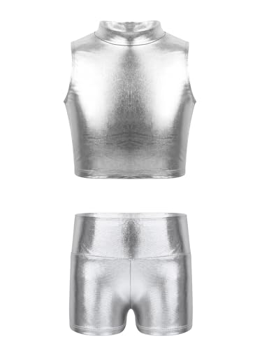 easyforever Kids Girls Metallic Gymnastics Dance Tracksuit With Shorts Dance Leotard 2 Piece Jazz Hip Hop Sport Outfits Silver 16 Years