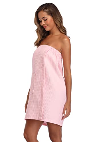 Image of Women's Bath Towel Wrap Waffle Spa Body Wrap with Adjustable Closure Quick Dry Lightweight Towel Robes with Pocket, Pink S /M