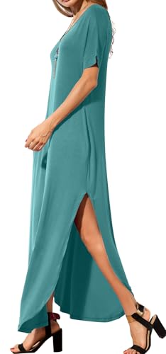 Image of GRECERELLE Women's Summer Maxi Dress Casual Loose V Neck Short Sleeve Side Split Long Dresses with Functional Pockets