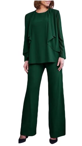 3 PC Chiffon Mother Pants Suits Wedding Guest Outfit Formal Evening Dress Wedding Party Prom Dark Green US24W