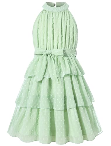 Move Dance Girls Summer Dress Tween Halter Neck Green Flared Midi A-Line Sundress Swiss Dot Sleeveless Casual Layered Chiffon Dresses with Belt 12-13 Years Old - image 1