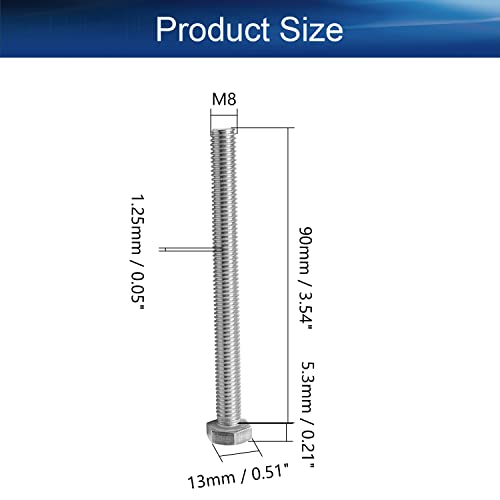 Image of Bettomshin 5Pcs M8 x 90mm Hex Bolts, 304 Stainless Steel 1.25mm Thread Pitch Fully Threaded Metric Hex Head Screw Bolts, Hexagon Screw Bolt, Hex Tap Bolts, Silver, A2-70 (Overall Size 95.3x13x13mm)