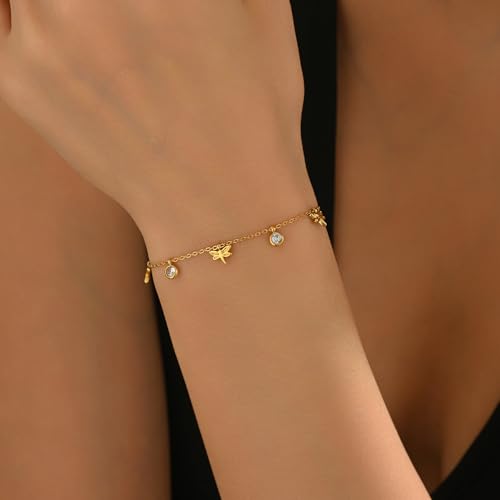 Gold Bracelet for Women 18K Gold Plated Diamond Charm Bracelets Dainty Star Flower Shell Dragonfly Dolphin Bracelet Cute CZ Charm Everyday Summer Beach Jewelry2