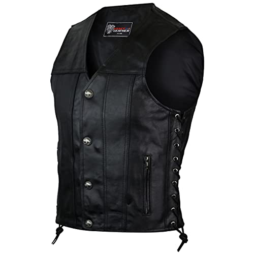 Vance Men's Black Straight Bottom Leather Motorcycle Vest (4XL)