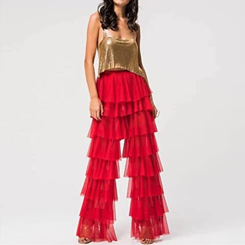 Women's Long Tiered Ruffled Tulle Pants Sheer Mesh Evening Party Layered Pants4