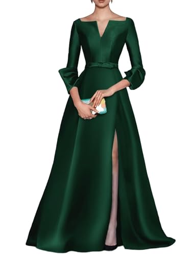 A Line Long Evening Gowns with Side Slit Satin V Neck Wedding Guest Dresses Long Sleeve Cocktail Party Dress