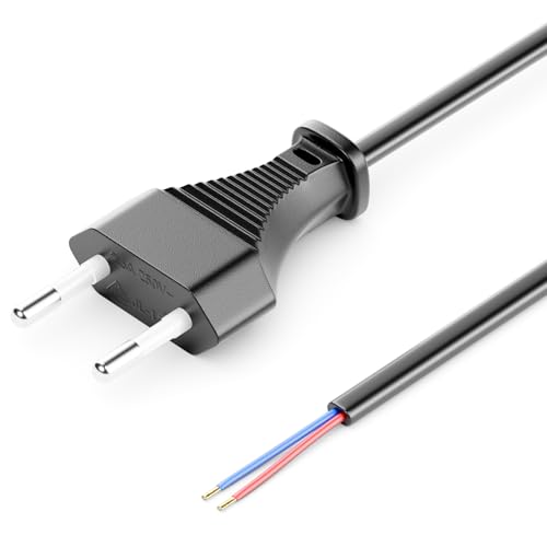 deleyCON 2m Euro-Netzkabel - Offenes Kabelende - Stromkabel, Ersatzkabel, Anschlusskabel, Zuleitung - Typ C Flacher Euro Stecker - für Leuchten, Lampen, Leuchtmittel - Schwarz