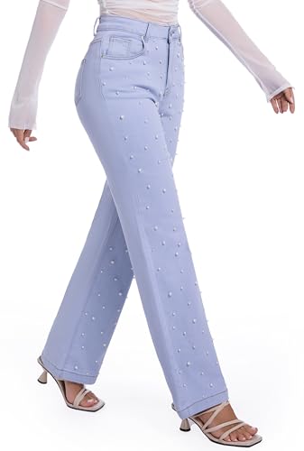 Women's Straight Jeans Pearl High Waisted Stretch Cotton Cute Jeans for Womens Trendy3