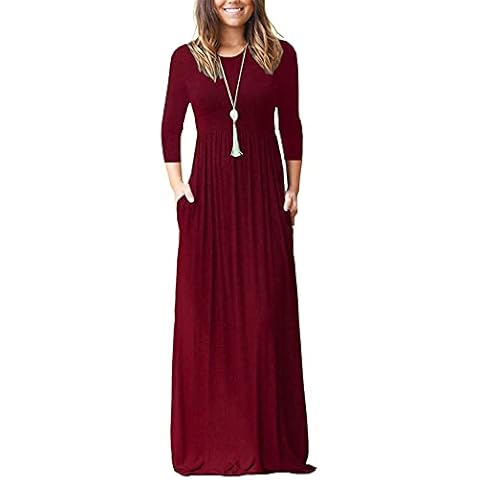 WNEEDU Women's 3/4 Sleeve Maxi Dresses Casual Soft Long Dress with Pockets Wine Red L Cover