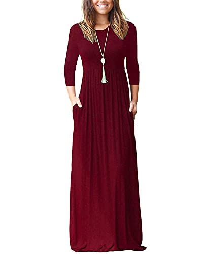 WNEEDU Maxikleid Damen Herbst 3/4 Ärmel Kleid Lang Elegant mit Taschen Curvy Lässige Herbstkleid Winterkleid Weinrot XL