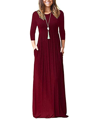 WNEEDU Maxikleider für Damen 3/4 Ärmel Damenkleid Loose Lang Maxi Kleide mit Taschen Herbst Winterkleid für Damen Kleider Rot Lang Female Maxikleid Elegant Große Größe