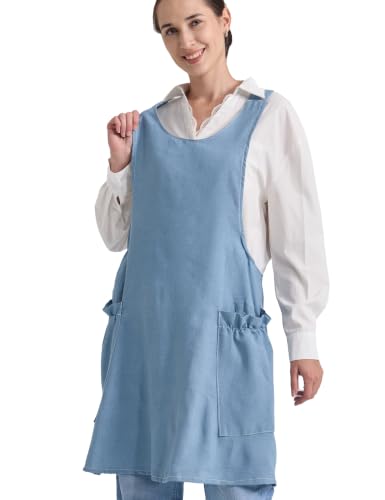 Image of Cozy Adjustable Cross Back Aprons for Women with Pockets Cotton Linen Cooking Kitchen Baking