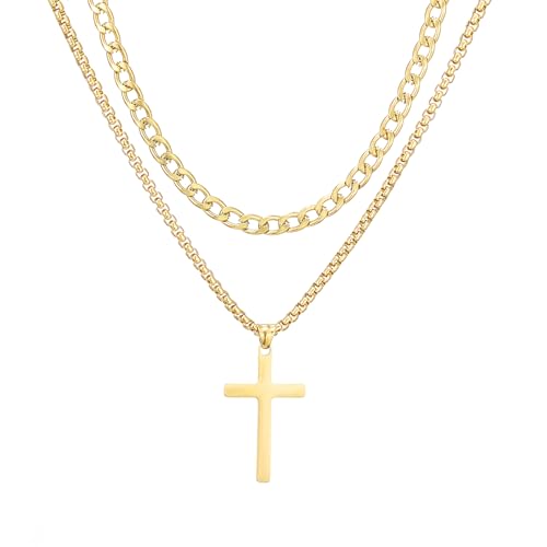 AFSTALR Collier Croix Homme, Acier Inoxydable Collier Double Croix Collier Chaîne et Boîte Cubaine avec Pendentif Croix, Chaîne Or 55/60cm Cadeau de...