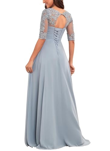 Elegant Floor Length Mother of The Bride Dresses for Wedding Chiffon Half Sleeve Lace Applique Formal Evening Dress2