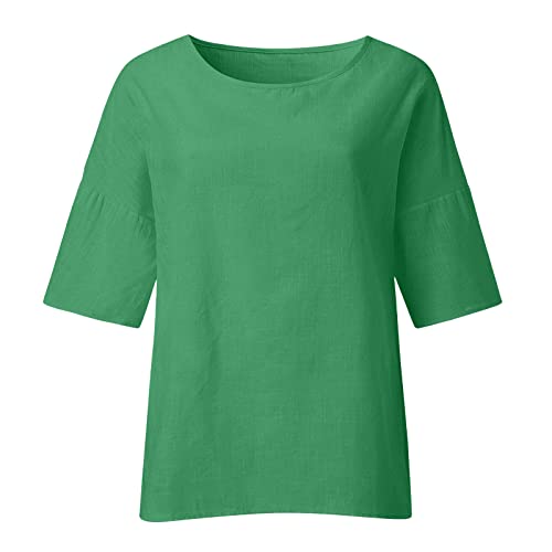 I-158 Lime Green Teen Girls Casual Tops 3/4 Length Sleeve Blouses for Women Crewneck Faux Linen Loose Fit Long Plain Summer Fall Shirts 2025 Clothing Trendy XL4