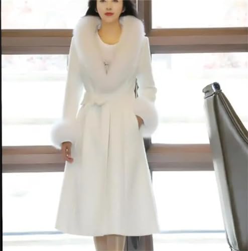 Women's White Woolen Coat, Fur Collar, Warm Long Woolen Coat4