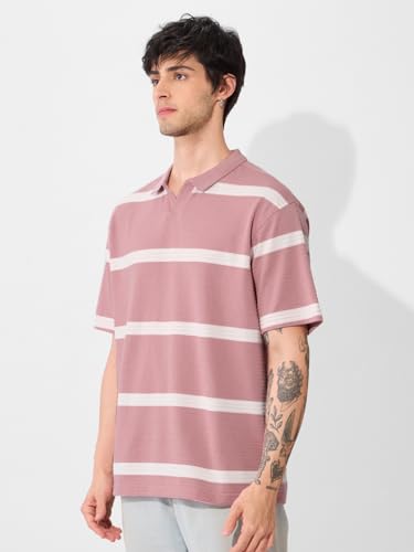 Image of The Souled Store Quartz Men and Boys Short Sleeves Collared Neck Pink and White Striped Oversized Textured Polos