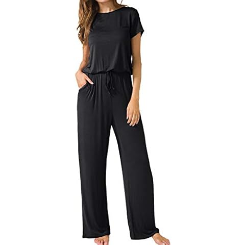 LAINAB Womens Casual Short Sleeve O Neck Wide Legs Playsuits Jumpsuits Black M Cover