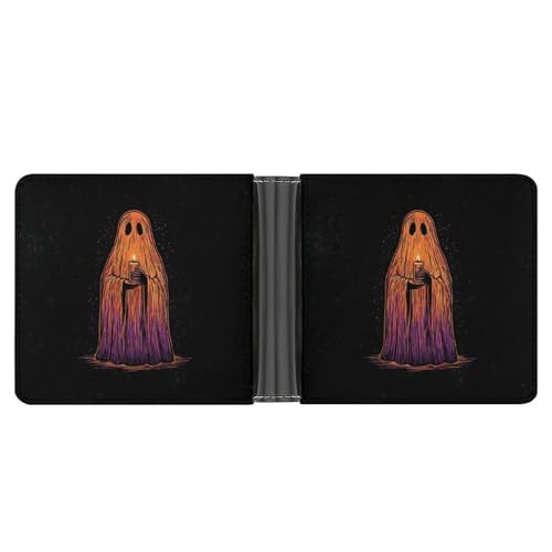 Halloween Spooky Ghost Holding Candle Soft PU Leather Bifold Wallet, Coin Purse Credit Pass Case, Durable Card-Holder Slim Billfold for Men Woman Money Storage3