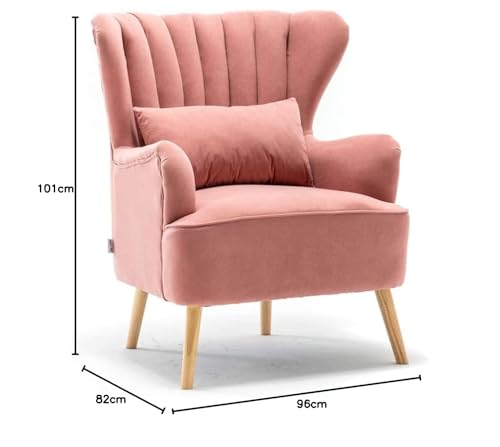 Image of Velvet Wingback Chair with Ottoman & Cushion Pillow | Upholstered Accent Lounge Chair with Foot Rest | Modern High Back Arm Chair for Living Room Bedroom, Office | Wooden Legs | Pink