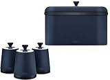 Tower Sera Midnight Blue Breadbin & Tea, Coffee, Sugar Canisters. Contemporary Matching Kitchen Storage Set in Matte Midnight Blue Finish with Stylish Black Smoked Trim