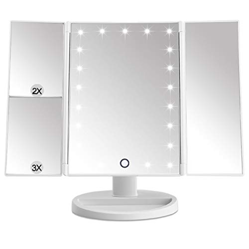 EMOCCI Led Makeup Mirror 21 LED Lighted Vanity Mirrors Tri Fold Adjustable with 3X 2X Magnification 180 Degree Rotation USB Charging for Cosmetic Travel Table Countertop Bathroom with Gift Box(White)