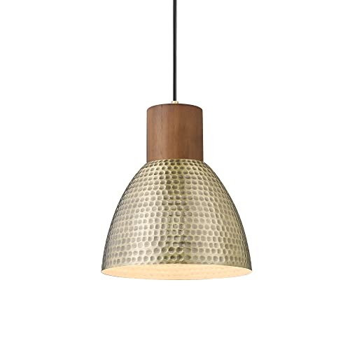 ELYONA Vintage Hammered Pendant Light Fixture, 7” Brushed Brass Metal Hanging Light Solid Wood...