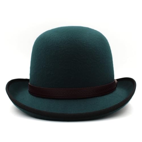 Faux Wool Mens Black Gentleman Flat Top Bowler Hat Concave Head Wearing Jazz Bucket Woman Cap(Dark Green)