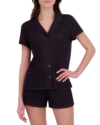 BORN Pijama modal suave para mujer, conjunto de pijama corto para mujer, 2 piezas con parte superior clásica con botones y pantalones cortos de pijama, Negro -, S