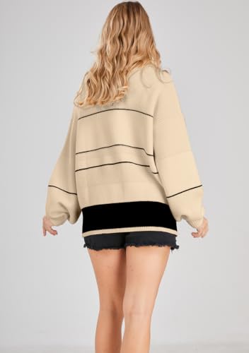 Image of chouyatou Women's Slouchy Waffle Knit Sweater 1 /2 Button Polo Collared Pullover Striped Sweater Tops