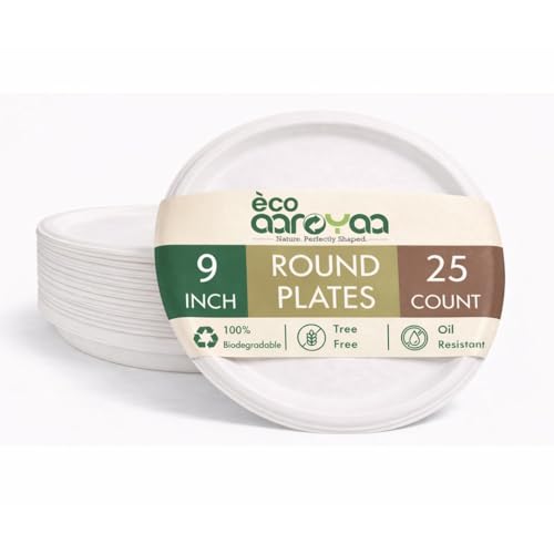 Image of Eco Aaroyaa Round Bagasse 9-Inch Disposable Plates - Eco-Friendly Disposable Plate for Food - Biodegradable Use and Throw Plates - Strong and Sturdy, Oil & Water Resistant (Pack of 25)