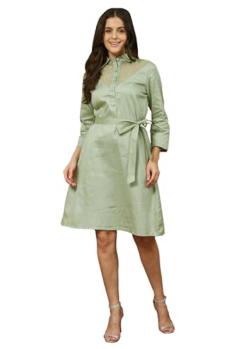 Image of Janasya Women's Sage Green Cotton Embellished A-line Tie-up Dress