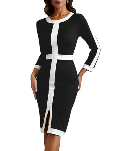 Women's Color Block 3/4 Sleeve Dress Split Hem Crew Neck Elegant Work Dresses