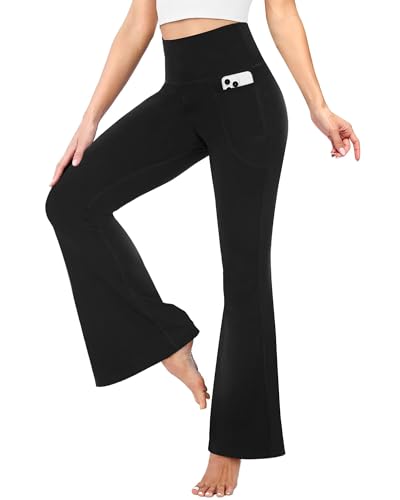 TNNZEET Schlaghose Damen High Waist Mit Taschen Yogahose Flared Leggings Blickdicht Bootcut Jazzpants Jogginghose Für Gym Sport(Schwarz M)