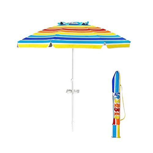 COSTWAY Ombrellone da Spiaggia 200 x 220 cm, Ombrellone da Mare con Inclinazione Regolabile, con Vassoio, 8 Stecche, Protezione UV, Impermeabile, Borsa di Trasporto (Colorato)